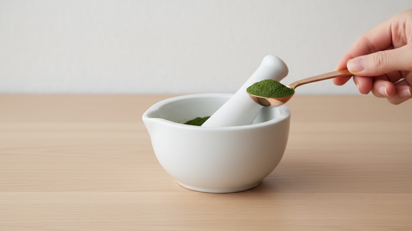 Illustration: A white mortar and pestle on wood, with a copper measuring spoon.