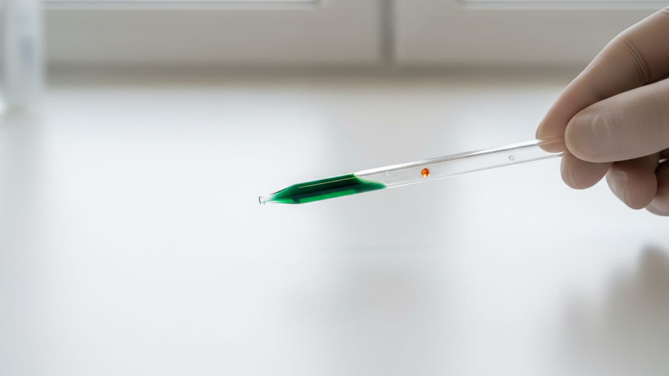 Illustration: A clear glass pipette with green liquid, subtly reflecting copper, on a white lab bench.