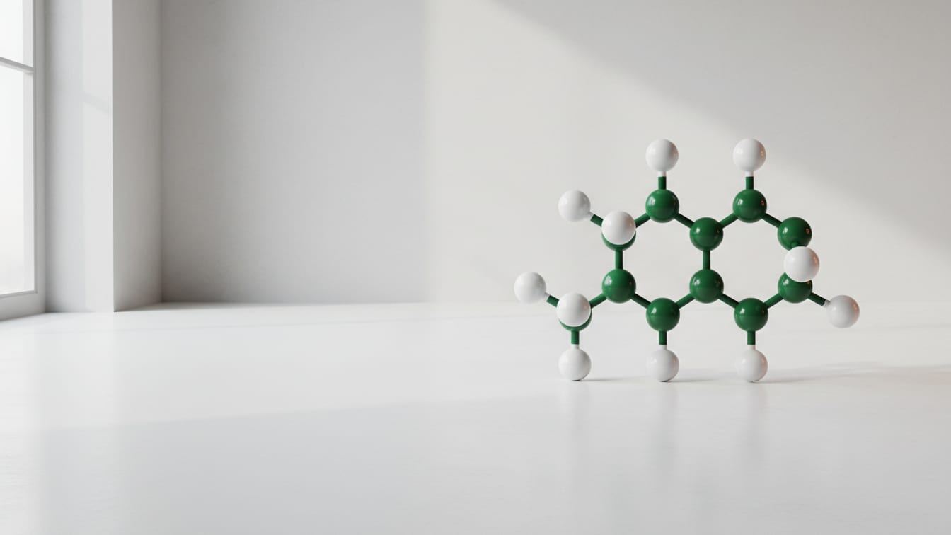 Illustration: A molecular model of the TRH tripeptide in white and deep green on a white surface.