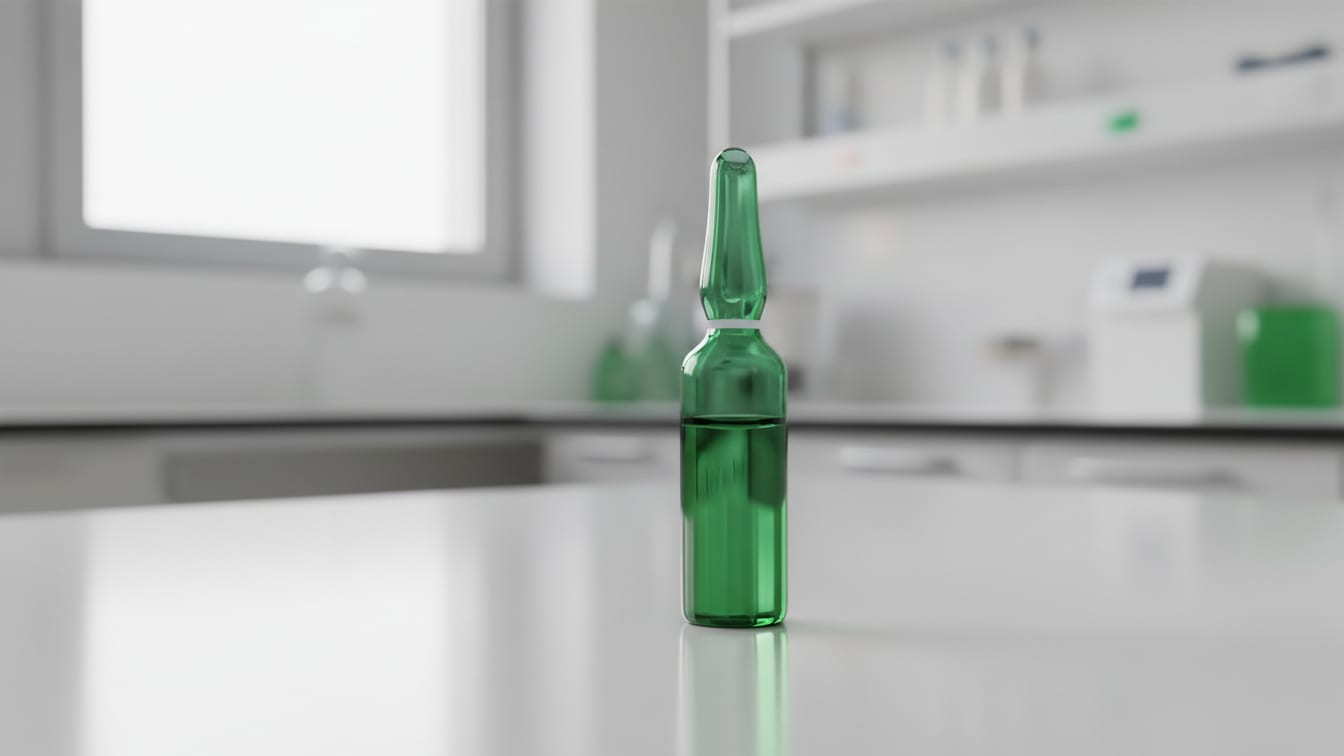 Illustration: A deep green glass ampule with clear liquid on a white lab bench with copper reflections.