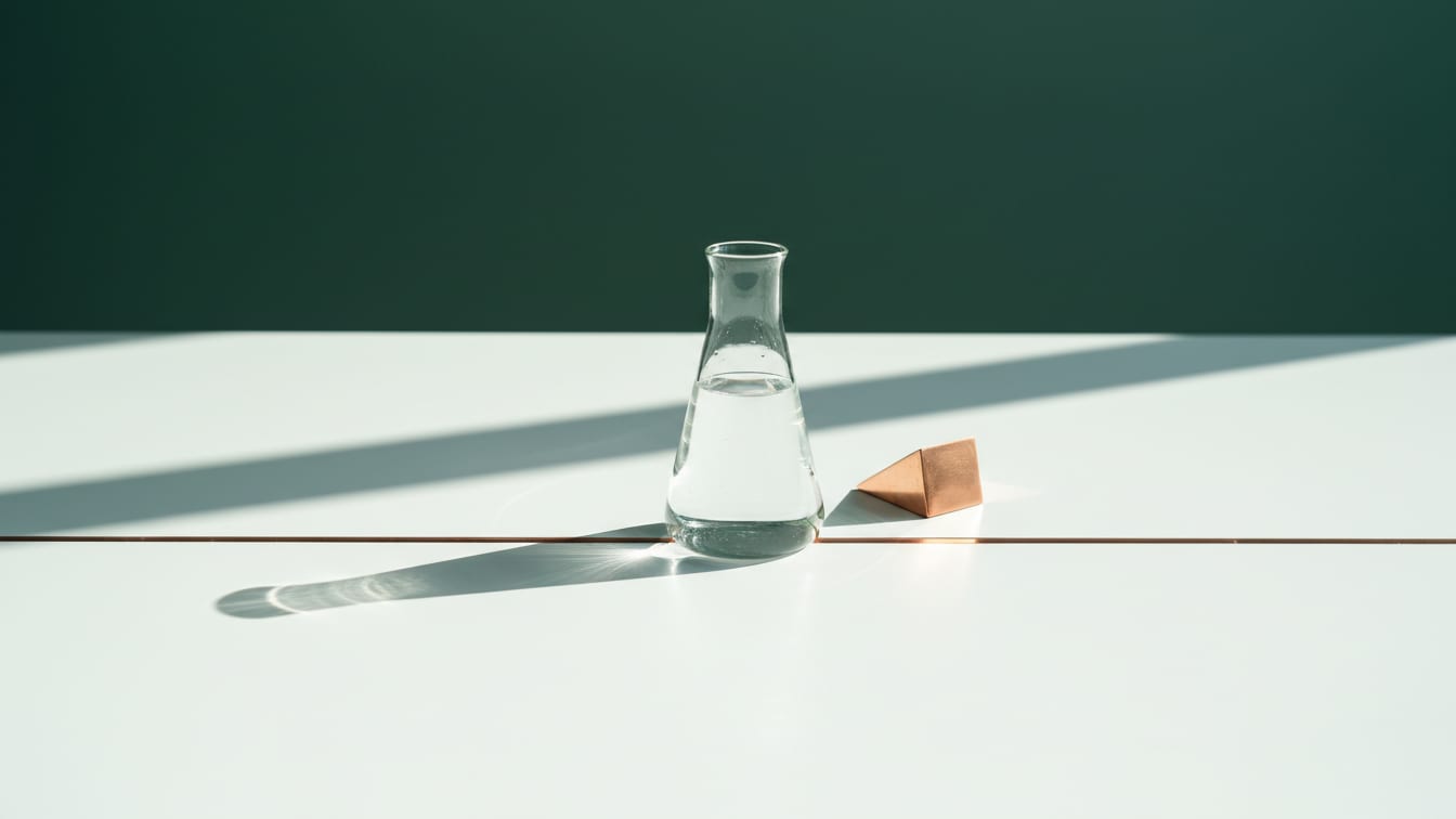 Illustration: A clear glass flask on a white lab bench with subtle green and copper reflections.