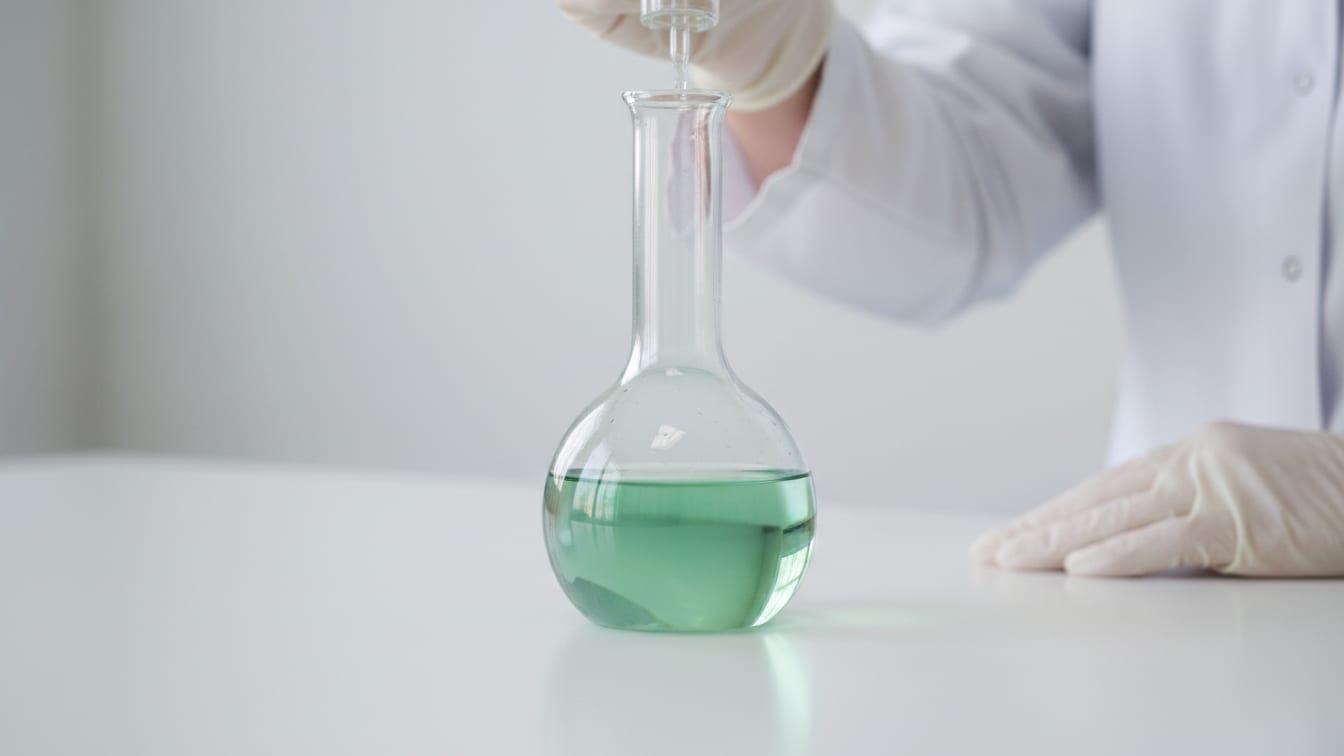 Illustration: A clear glass volumetric flask with pale green liquid on a white lab bench, copper reflection.