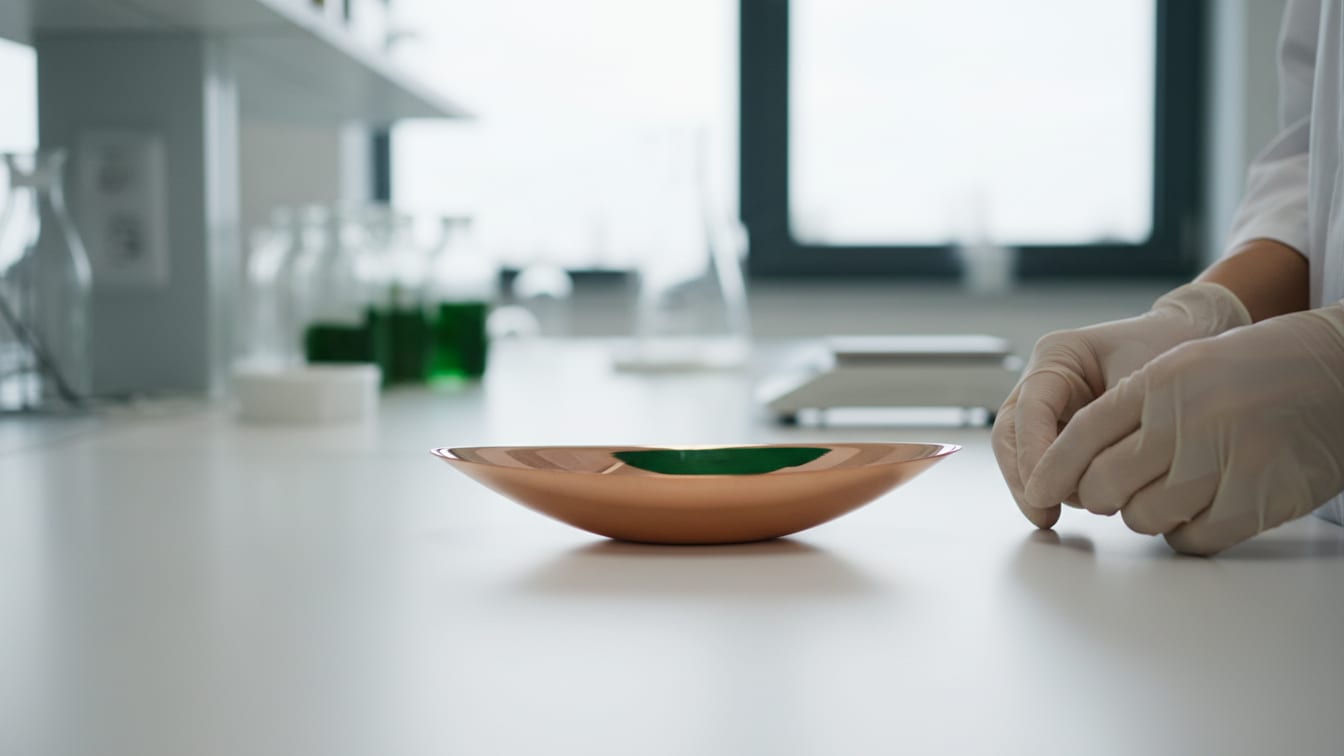 Illustration: An empty copper weighing boat on a white lab bench, reflecting a deep green light.