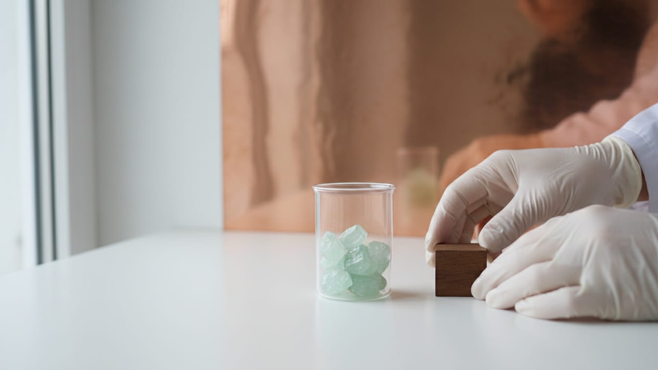 Illustration: A clear glass beaker with pale green crystals on a white surface, with subtle copper reflections.