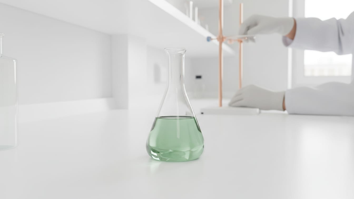 Illustration: A clear volumetric flask with faint green liquid on a white lab bench, with subtle copper reflections.