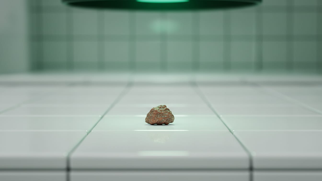 Illustration: A small copper object on a white ceramic lab tile, reflecting a deep green tint.