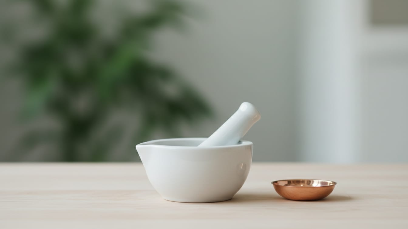 Illustration: A white mortar and pestle with a copper weighing boat on a light wooden surface.