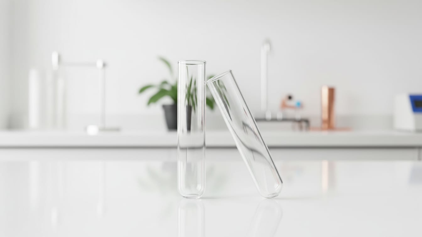Illustration: Two clear microcentrifuge tubes on a white lab bench with faint green and copper reflections.