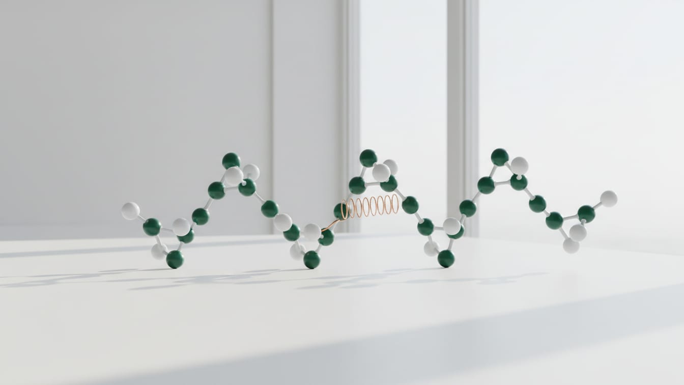 Illustration: An abstract molecular model of a peptide in white and deep green on a white surface with a copper accent.